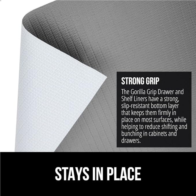 GORILLA GRIP Slip Resistant Drawer and Shelf Liner 2 Pack, Non Adhesive Water Resistant, Easy Clean and Trim, Smooth Surface Liners for Kitchen Cabinet, Shelves, Drawers, Pantry, 12 in x 10 FT, Gray