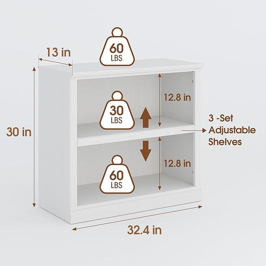 30" Bookcase, White Floor Standing Bookshelf, 2-Tier Display Shelves Open Storage Organizer, Book Case for Living Room Hallway Kitchen Home Office Bedroom, White 2 Tiers