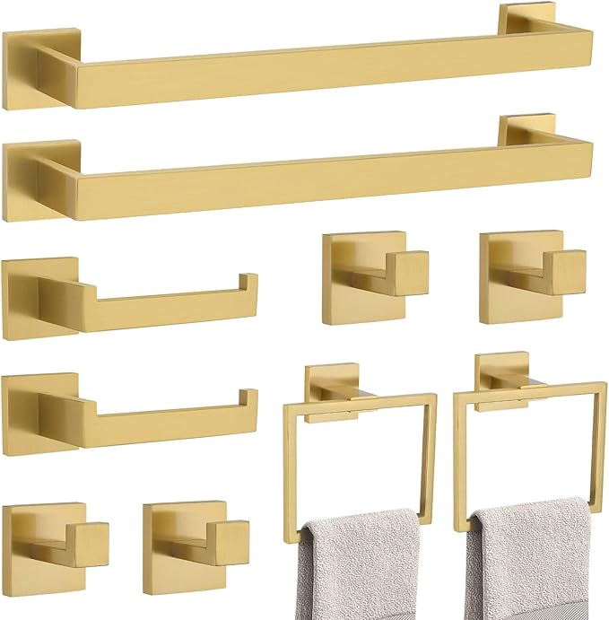 TNOMS Brushed Gold 10 Pieces Bathroom Hardware Accessories Set Towel Bar Set Towel Holder&Racks Set for Bathroom,SUS304 Stainless Steel,Wall Mounted 16-Inch