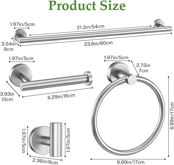 10-Piece Towel Bar Set Brushed Nickel Bathroom Hardware Accessories Set Includes 23.6in Towel Bar Round Towel Ring TP Holder and Hooks Stainless Steel Wall-Mounted Towel Racks Set for Bathroom