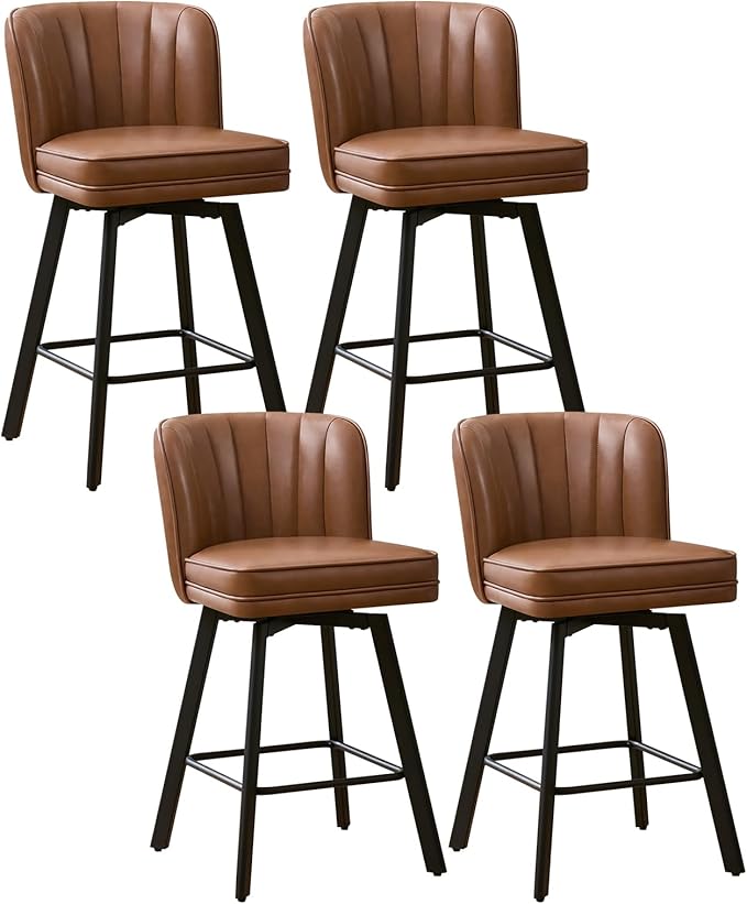 Swivel Counter Height Bar Stools Set of 4, 26'' Modern Barstools with Backs and Metal Legs, Upholstered Bar Chairs, Faux Leather Dark Brown Stools for Kitchen Island Chairs