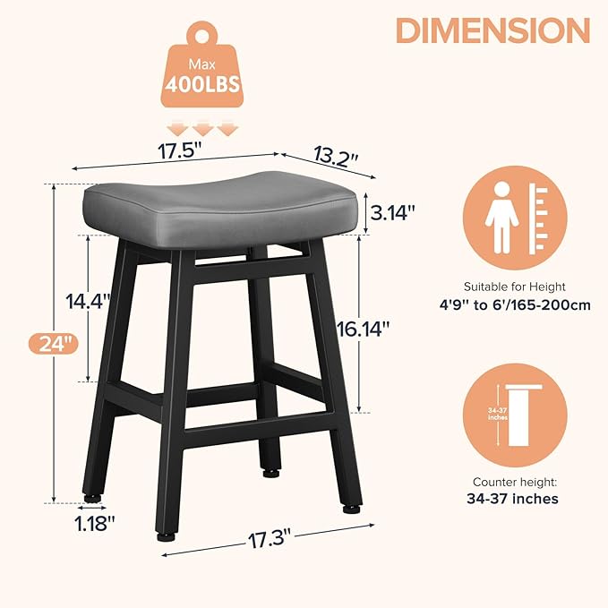 Counter Height Bar Stools Set of 3, 24 Inch Barstools for Kitchen Counter, Kitchen Stools with Bonded Leather Saddle Seats & Heavy Duty Metal Legs, Easy Assembly, Gray/Black