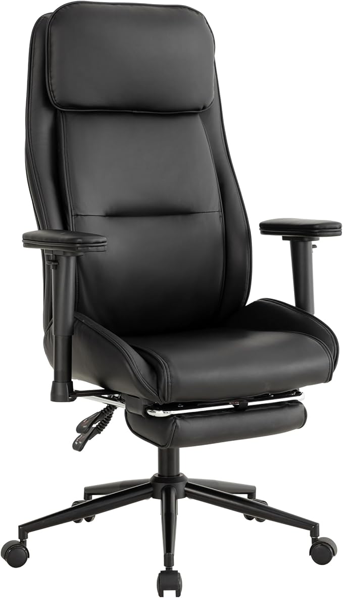 Ergonomic Home Office Chair with Footrest,Modern Faux Leather Reclining Chair,High Back Video Game Executive Computer Chairs with Adjustable Armrest & Lumbar Support,360°Swivel (Black)