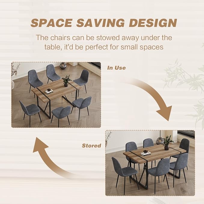 6 Chair Dining Table Set,Dinner Table Set for 6, 55'' Kitchen Table and Suede Nap Fabic Chairs Set of 6, 7 Piece Dining Table Set for Kitchen Dining Room