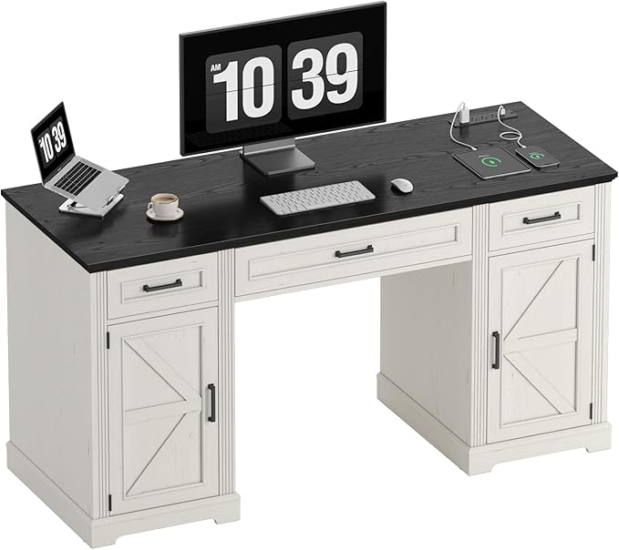 ONBRILL 59 inch Farmhouse Executive Desk with Drawers, Home Office Desk with File Cabinet, Outlets, Storage Cabinet, Keyboard Tray, Wood Computer Desk for Work Study Writing (Off White & Black)