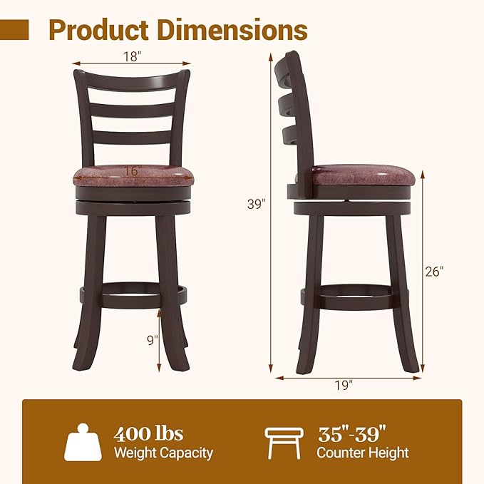 COSTWAY 26" Counter Height Stools Set of 4, Swivel High-Top Chairs with Backrest & Faux Leather Padded Seat, Rubber Wood Counter Barstools with Footrest for Kitchen, Dining Room, Pub (4,26'')