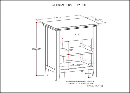 SIMPLIHOME Artisan Bedside Table - 24 inch Wide Solid Wood Nightstand Table in Russet Brown, Contemporary Bedroom Side or End Table with 1 Drawer, Open Shelf Storage and Bronze Knobs