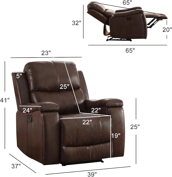 Brown Recliner Chair, Single Overstuffed Sofa Recliners, Breathable Faux Leather Manual Reclining Chairs with Hidden Cup Holder, Arm and Back for Adults, Living Room, Bedroom, Dark Brown