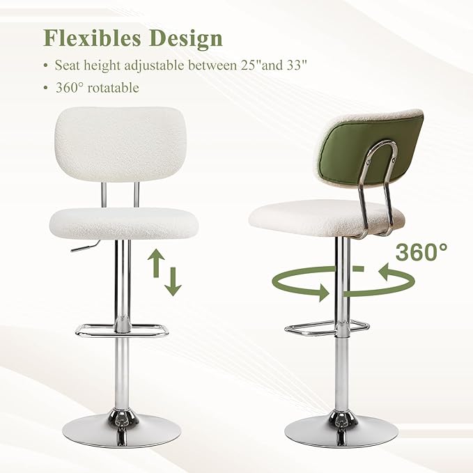Furniliving Adjustable Bar Stools Set of 2, Modern Teddy Velvet Swivel Barstools with Curved Back, Stylish Armless Counter Height Bar Stools Bar Chairs for Kitchen Island, Bar, Green