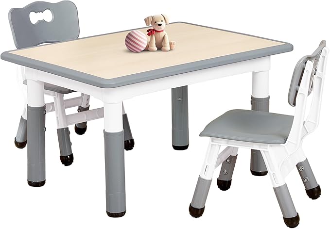 FUNLIO Kids Table and 2 Chairs Set for Ages 3-8, Height Adjustable Toddler Table and Chair Set, Easy to Wipe Arts & Crafts Table, for Classrooms/Daycares/Homes, CPC & CE Approved (3pcs Set) - Gray