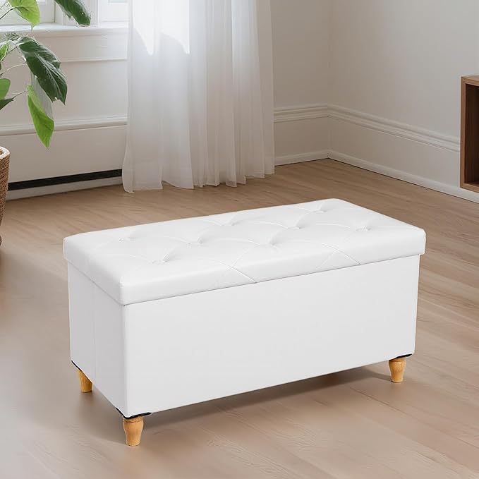 GLAXYFUR 30 Inches Storage Ottoman Bench with Wooden Legs, Faux Leather Folding Ottoman Foot Rest, Storage Bench for Living Room, Hallway & Bedroom, Upgrade Large Capacity (Engineered Wood, White)