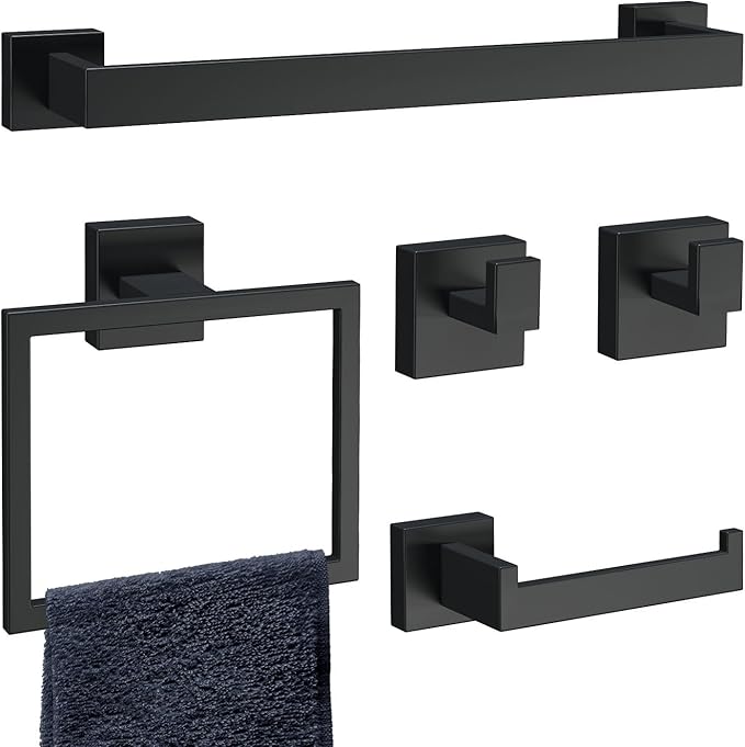 5-Piece Matte Black Bathroom Accessories Set, SUS304 Stainless Steel Wall Mounted 16 Inch Hand Towel Bar, Toilet Paper Holder, Towel Ring, Towel Hooks, Bathroom Hardware Set, Towel Bar Set