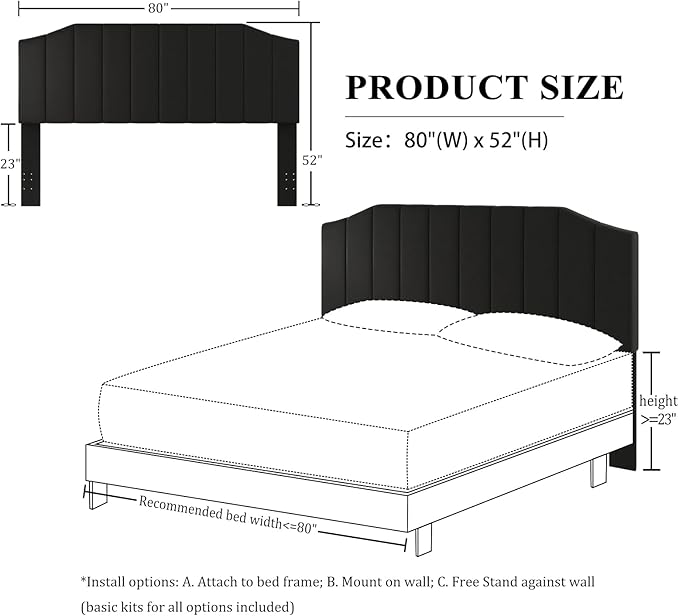 King Size Headboard Only, Velvet Upholstered Headboard King/California King Size Wall Mount and Bed Frame Mount, Featuring High-Density Sponge Padding Easy Assembly Comfort Style-Black