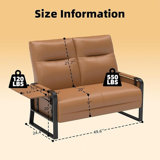 Faux Leather Loveseat Couch for Living Room Bedroom Office, Small Sofa 2 Seater Couch with Flip Up Tray Table Side Pockets Leather Loveseats, Brown