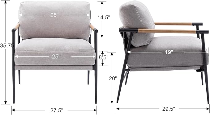 Mid-Century Accent Chair Set of 2, Soft Armchair Chenille Fabric Lounge Chair with Black Metal Legs, Upholstered Leisure Chair for Living Room Bedroom Reception Room, Grey