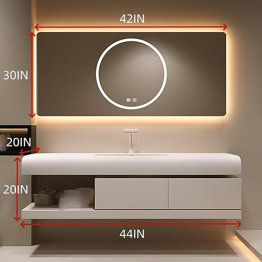44IN Bathroom Vanity with Sink - Bathroom Cabinet Set has 2 Drawers & Overflow Hole Wall Mounted | LED Practical Defogging Mirror, Open Compartments, Seamless Rock Slab Basin (Cream White)