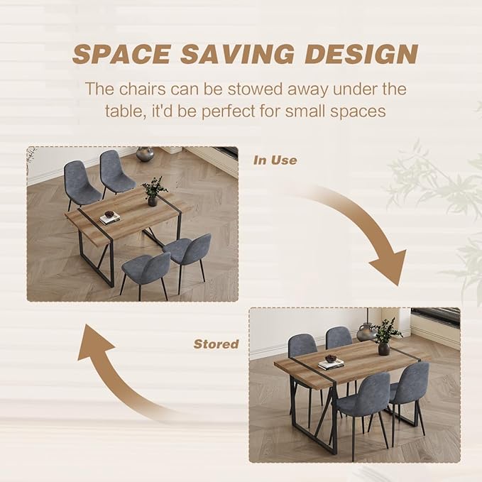 4 Chair Dining Table Set,Dinner Table Set for 4,55'' Kitchen Table and Suede Nap Fabic Chairs Set of 4, 5 Piece Dining Table Set for Kitchen Dining Room