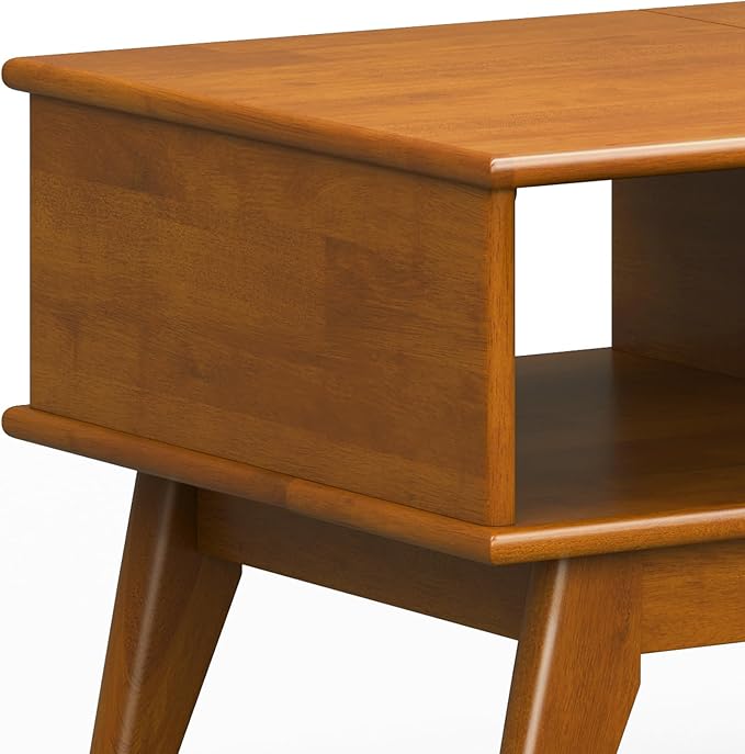 SIMPLIHOME Draper Lift Top Coffee Table - 48 inch Wide Solid Hardwood Mid-Century Modern Cocktail Table in Teak Brown, Functional Living Room Table with Storage Compartment, Open Shelf and Angled Legs