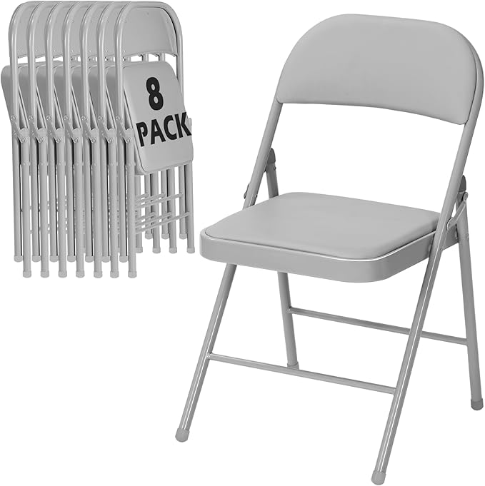 8 Pack Gray Folding Chairs with Padded Cushion for Outside, Portable Stackable Commercial Metal Foldable Chairs with Steel Frame for Home Events Office Wedding Party, 350lbs Capacity