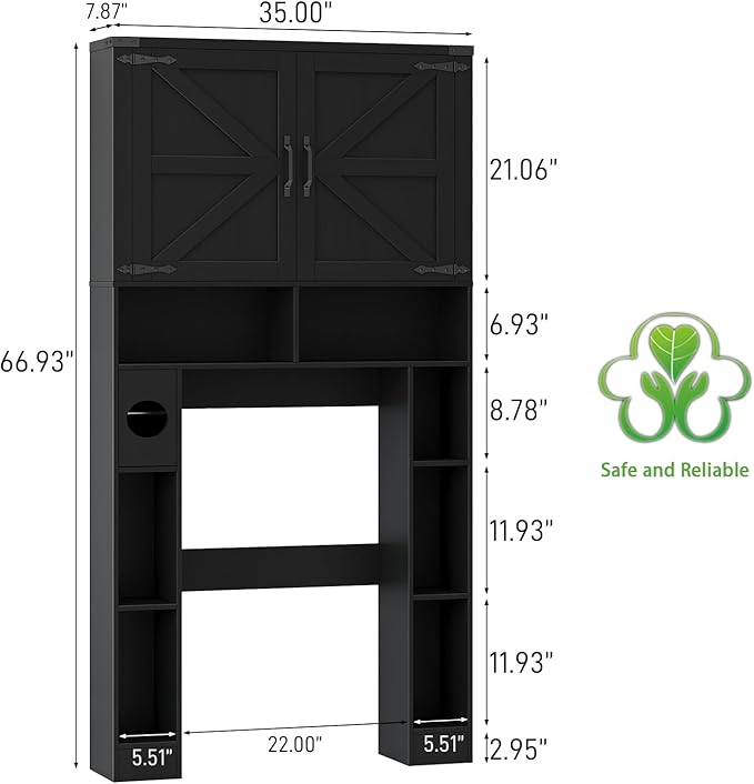 Vabches Over The Toilet Storage Cabinet, Farmhouse Storage Cabinet Over Toilet with 2 Barn Doors ,Toilet Paper Holder Stand,Home Space-Saving Toilet Rack, for Laundry, Restroom, Bathroom.Black.