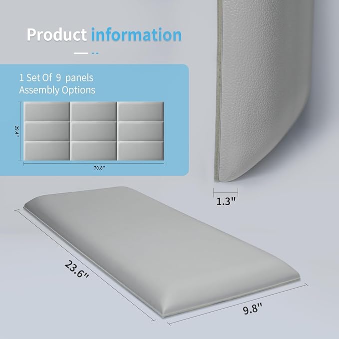 Art3d Peel and Stick Headboard for Full and Queen in Grey, Pack of 9 Panels Sized 9.84" x 23.62", 3D Soundproof Wall Panels, Upholstered Wall Panel