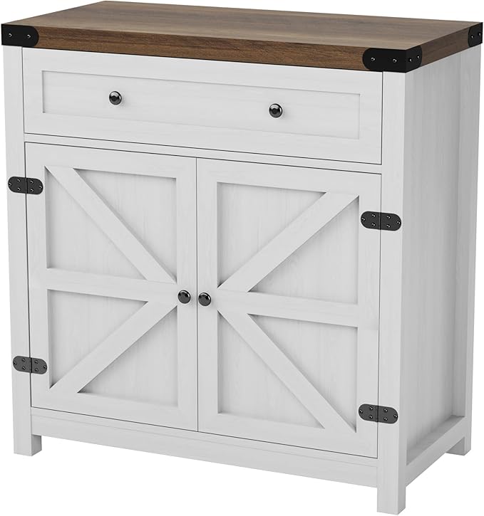JUMMICO Coffee Bar Cabinet Farmhouse Kitchen Sideboard Buffet Cabinet with Drawer and Adjustable Shelf Barn Door Storage Cabinet for Kitchen, Dining Room, Bathroom, Entryway(White)