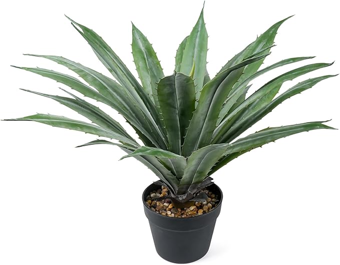 Velener Artificial Agave Plant in Black Pot with Real Stone Pebbles, Large Fake Agave Plants with Green Serrated Leaves, Faux Yucca for Indoor and Outdoor Decor-27 Inches Tall, 29 Leaves