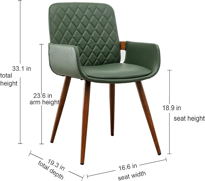 LUNLING Mid Century Modern Faux Leather Dining Chairs Set of 2, Green, Upholstered Seat, Metal Legs, Adjustable Foot for Kitchen Dining Room Desk Chairs