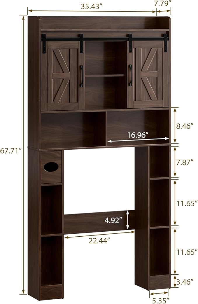 Farmhouse Storage Cabinet Over Toilet with Sliding Doors,Over The Toilet Storage Cabinet, Home Space-Saving Toilet Rack, for Bathroom, Restroom, Laundry.Espresso