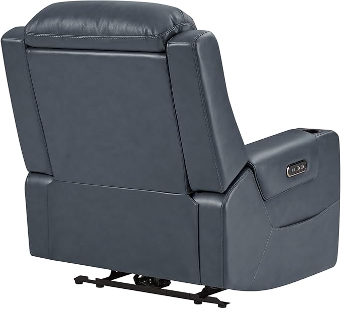 Watson & Whitely Oversized Genuine Leather Power Recliner Chairs for Big and Tall, Extra Wide Lay Flat Recliner with Power Headrest & Cup Holders, Electric Reclining Sofa for Living Room, Navy Blue