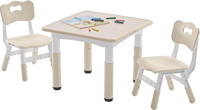 Kids Table and 2 Chairs Set, Height-Adjustable Toddler Table and Chairs Set with Graffiti Desktop, 23.6''L x 23.6''W Children Activity Table for Daycare, Classroom, Home, Burlywood-w