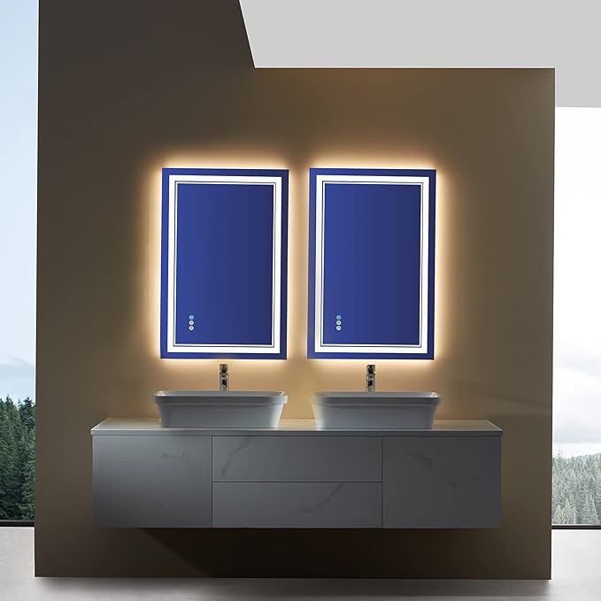 28x36 inch LED Bathroom Mirror RGB Color Changing Backlit Mirror Shatterproof Dimmable Anti-Fog Vanity Mirror with Double Lights (RGB Multicolor Backlit + Adjustable Front-Lighted)