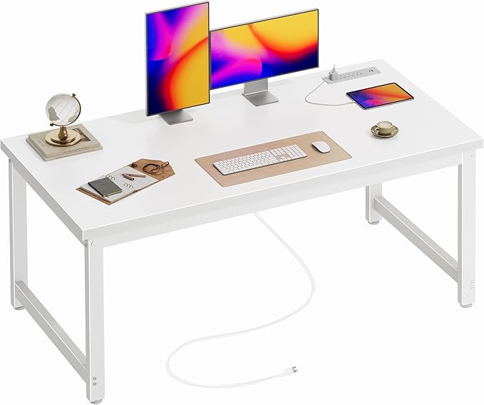 Huuger 55 x 24 inch Desk with Power Outlets & USB-C, Deeper & Thicker Desktop, Robust Metal Tubes, Computer Desk, Heavy Duty Office Desk, Work Gaming Desk for Home Office, White