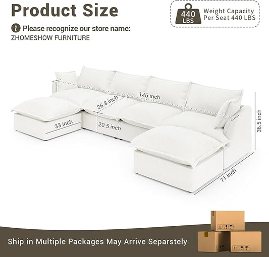 146” Oversized Cloud Modular Sectional Sofa, Comfy Down Filled Cloud Couch with Removable Cover, 4 Seater Modular Couch with 2 Ottomans, U Shaped Sectional Couches for Living Room, Cream White