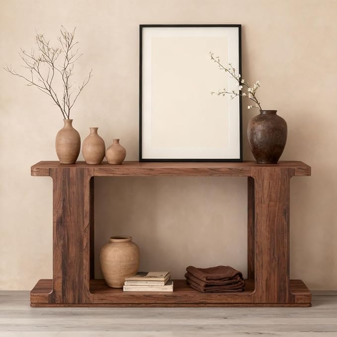 OKD 63 Inch Modern Entryway Console Table, 2-Tier Long Sofa Table Behind Couch with Curved Edge, Wood Farmhouse Narrow Entry Table for Hallway, Living Room, Foyer, Entrance, Rustic Walnut
