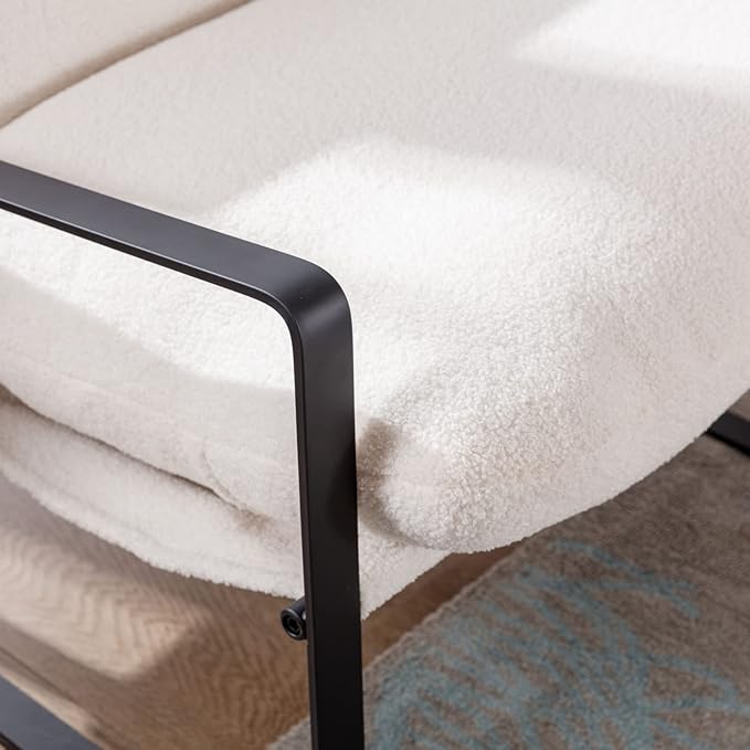 Mid-Century Accent Chair, Comfy Sherpa Fabric Side Chair with Armrest, Upholstered Leisure Chair with Black Metal Frame for Living Room Bedroom Reception Room, White