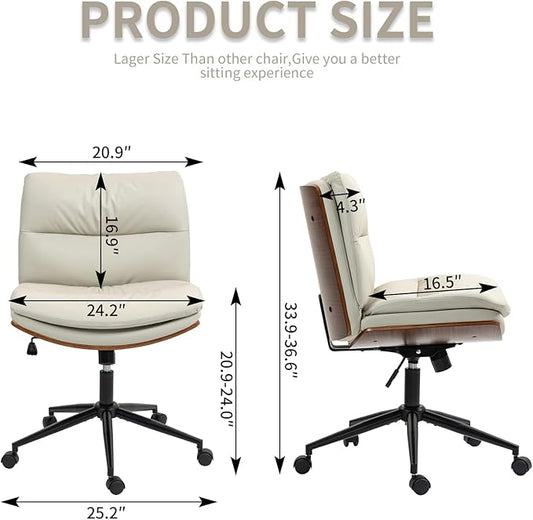 Armless Modern Walnut Office Desk Chair with Wheels, PU Leather Adjustable Wide Swivel Executive Task Chair, Ergonomic Cross Legged Computer Chair for Conference Room, Home Office, Beige