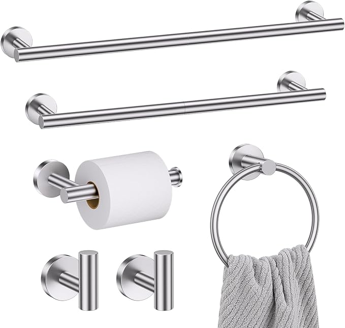 Bathroom Hardware Set, 6-Piece Towel Bar Set Brushed Nickel Towel Holder Set Includes 19.68/23.6 in Towel Bar,Toilet Paper Holder,Towel Ring and Towel Hook Wall Mount Bathroom Accessories Set