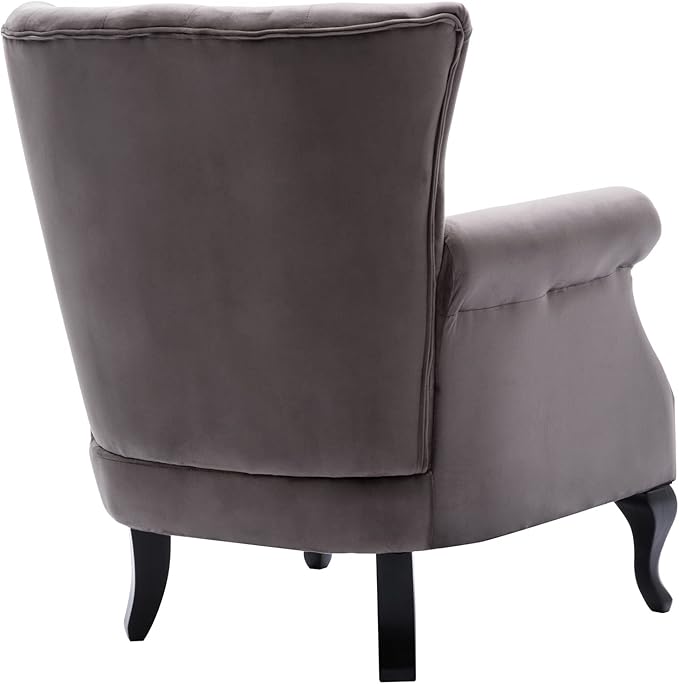 Mid Century Modern Accent Chair Upholstered Armchair Comfy Velvet Fabric Single Sofa with Tufted Wingback for Small Spaces Bedroom Living Room, Grey
