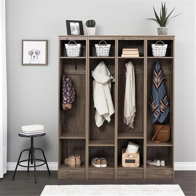 Prepac Narrow Coat Rack Freestanding Hall Tree with 3 Hooks, Entryway Furniture for Coat & Shoe Storage, Entryway Organization with Adjustable Shelf, 14.75"W x 72.5"H x 15.5"D, Set of 4, Drifted Gray