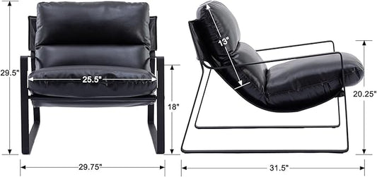 Mid-Century Accent Chair, Comfy PU Leather Side Chair with Armrest, Upholstered Leisure Chair with Black Metal Frame for Living Room Bedroom Reception Room, Black