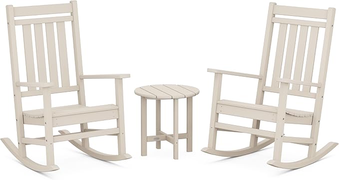 POLYWOOD Estate 3-Piece Rocking Chair Set, Outdoor Patio Porch Rockers with Side Table, All-Weather HDPE Furniture, Fade-Free, Sand