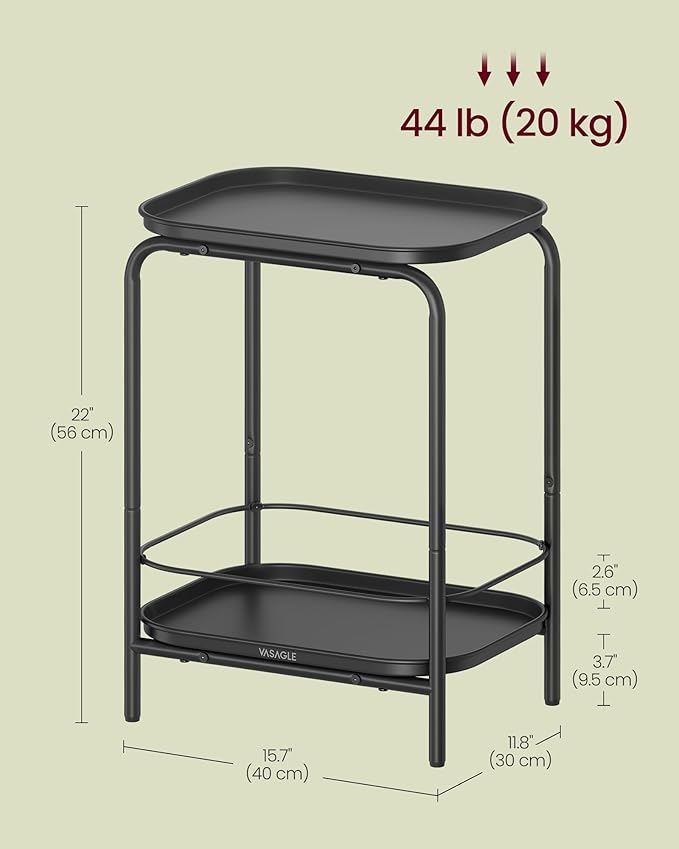 VASAGLE 2-Tier Outdoor Table, Small Side End Table with Tray Storage, Bedside Nightstand for Living Room, Bedroom, Modern Style, Ink Black ULET243B01
