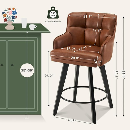 360°Swivel Counter Height Bar Stools with Back, 26 inch Solid Wood Legs, Bar Stool Modern Kitchen Island Chairs, Faux Leather (Brown- Faux Leather, 26" H- Set of 3)
