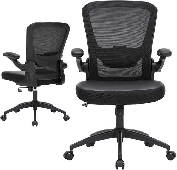 Office Chair Ergonomic, 350lbs Desk Chair Comfy with PU Leather Seat Cushion, Mesh Swivel Computer Chair with Flip-up Armrests Lumbar Support and Height Adjustable for Home Office