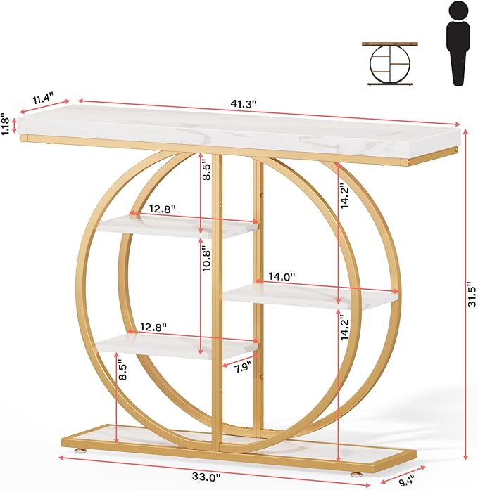 41.3" Console Table for Entryway, Industrial Hallway Sofa Table with Storage Shelves, Narrow Accent Decor Living Room Furniture with Circle Base for Foyer, Entrance, White Gold