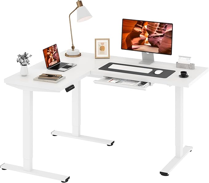 L-Shaped Standing Desk, 63 x 47 Inches Height Adjustable Desk with Storage, Sit and Stand up for Work Office Home, Ergonomic Rising Computer Table for Home Office with Splice Board, White