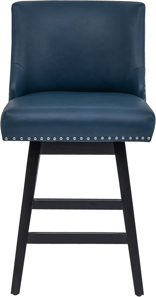 Bar Stools Set of 2, PU Leather Barstools, 26 Inch Upholstered Counter Stools with 13.8" High Back and Footrest, Swivel Counter Height Barstools for Kitchen Island Home Bar Navy Blue