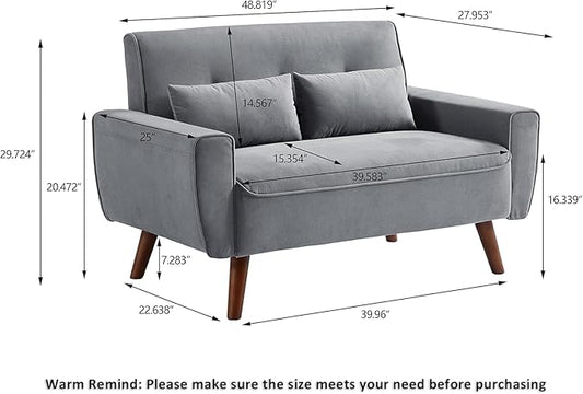 48" Small Loveseat Sofa, Mid Century Modern Love Seat with Back Cushions and Plastic Legs, 2 Seater Couches for Living Room, Bedroom, Small Spaces, Light Grey
