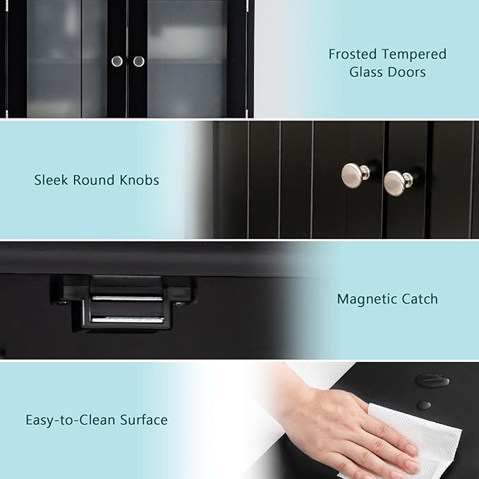 COSTWAY Bathroom Storage Cabinet, Wooden Linen Storage Organizer Cupboard with Doors & Adjustable Shelf, Freestanding Floor Cabinet for Living Room, Kitchen, Entryway, Office (Black)